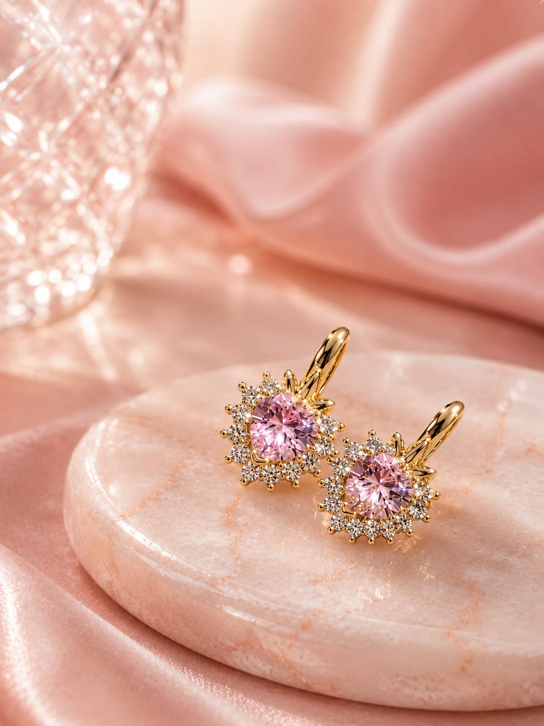 Aretes corazón rosa con cristales - Oro laminado 14K