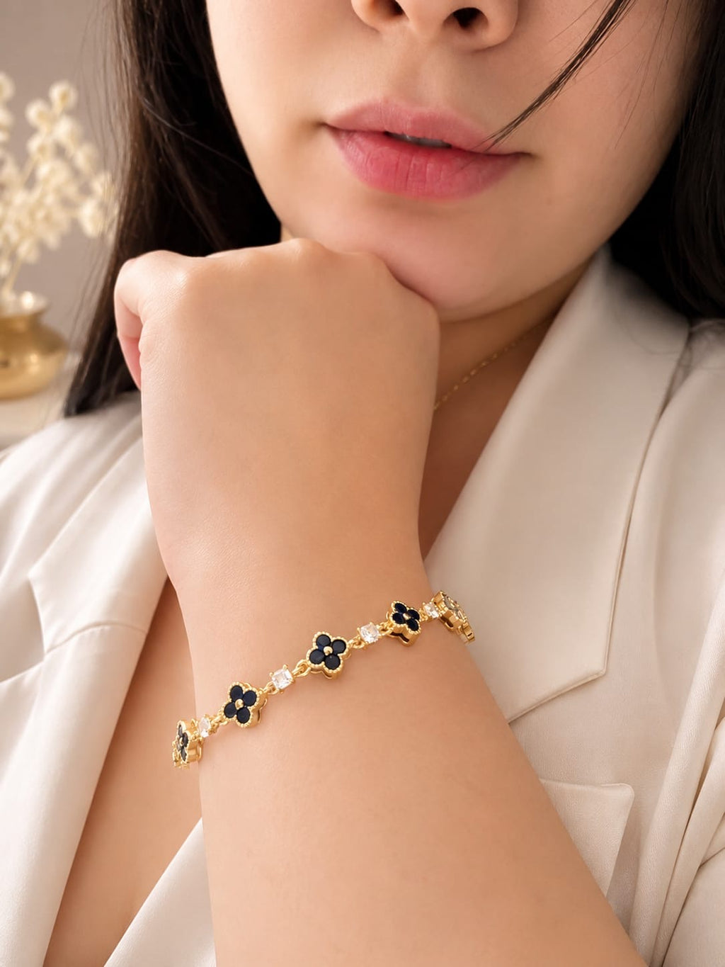 Pulsera de Flores azul oscuro - Oro laminado 14K con cristales