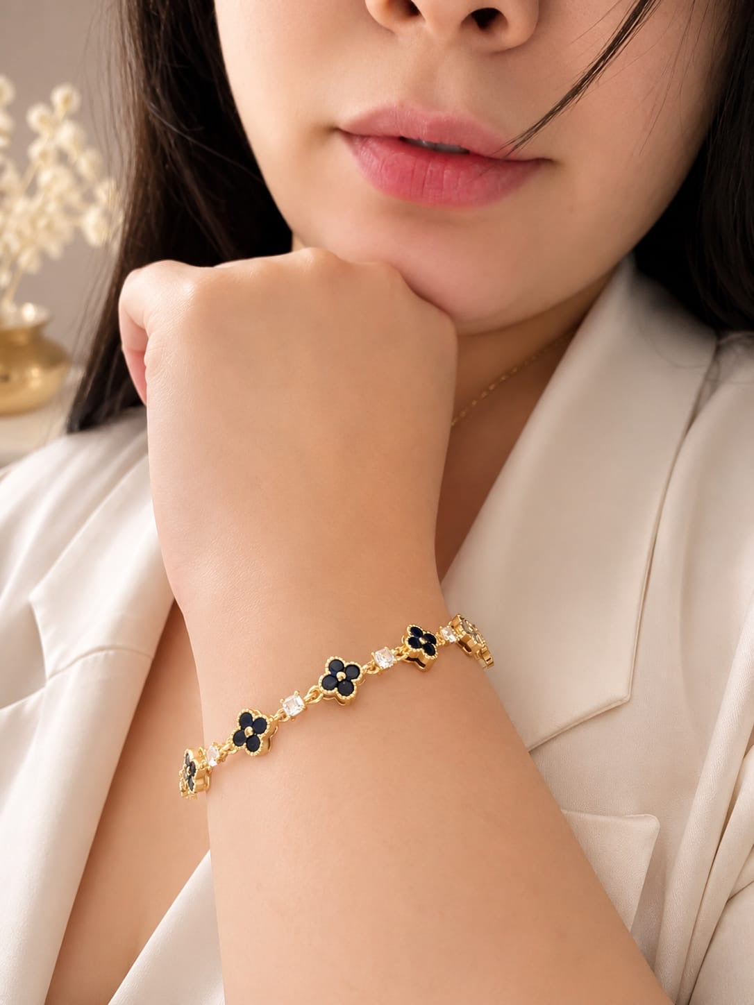 Pulsera de Flores azul oscuro - Oro laminado 14K con cristales