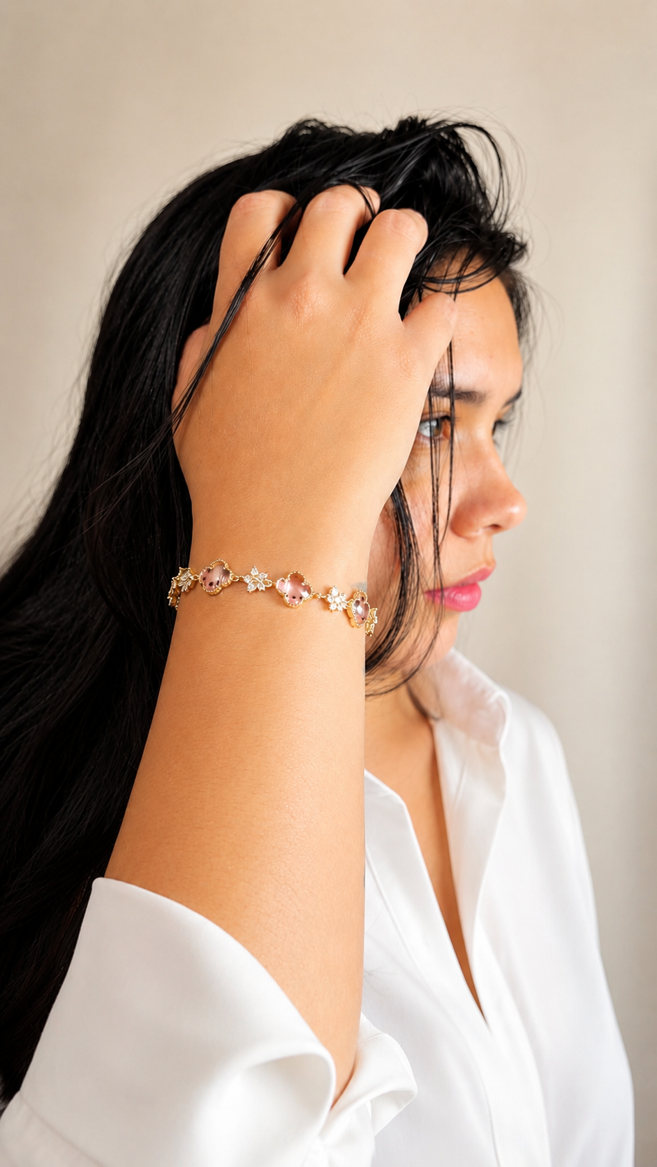 Pulsera Flor de Cristal Rosa en Oro Laminado 14K