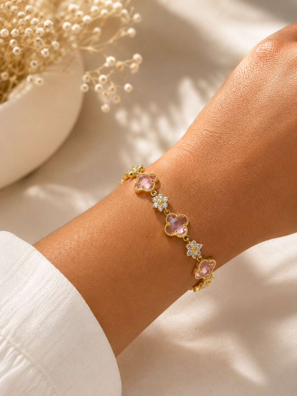 Pulsera Flor de Cristal Rosa en Oro Laminado 14K