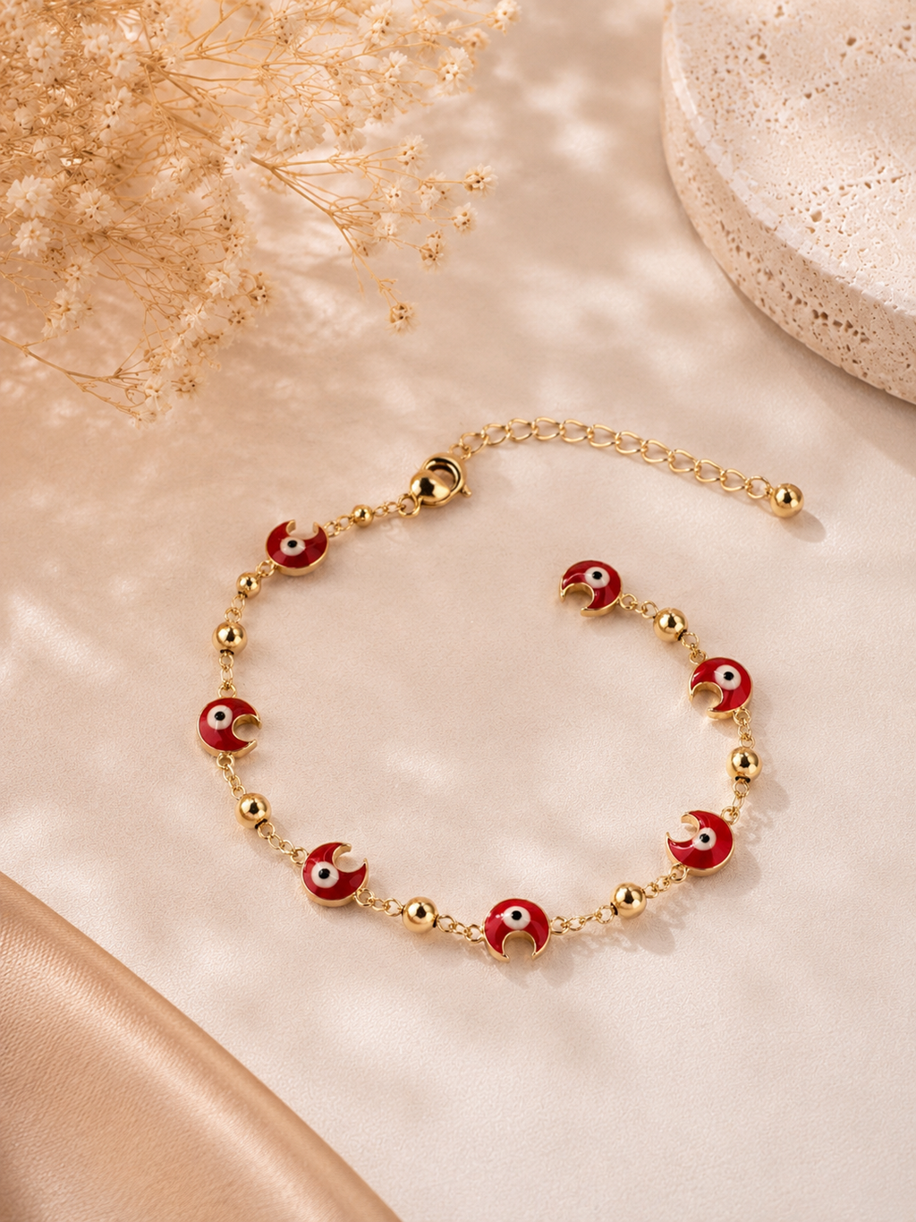 Tobillera Ojo Turco Rojo en Oro Laminado 14K para Mujer
