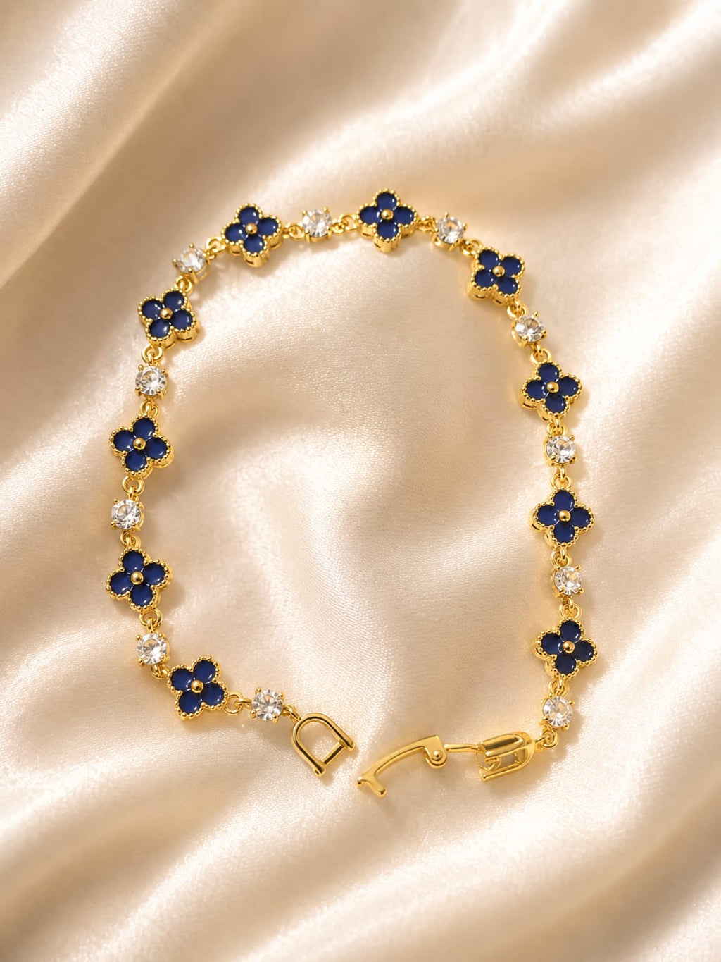 Pulsera de Flores azul oscuro - Oro laminado 14K con cristales