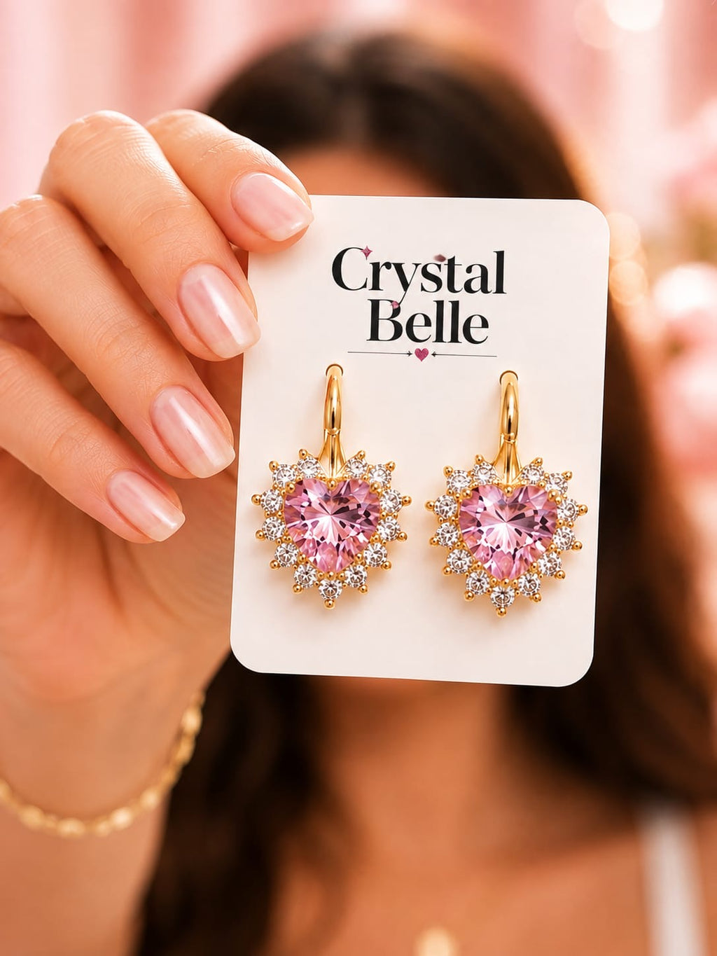 Aretes corazón rosa con cristales - Oro laminado 14K