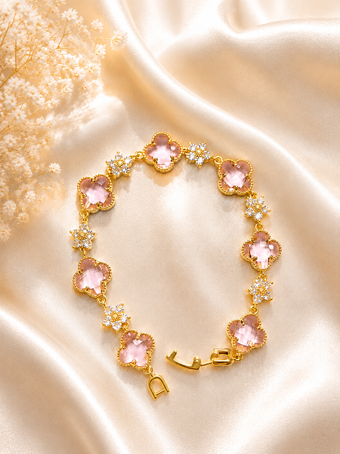 Pulsera Flor de Cristal Rosa en Oro Laminado 14K