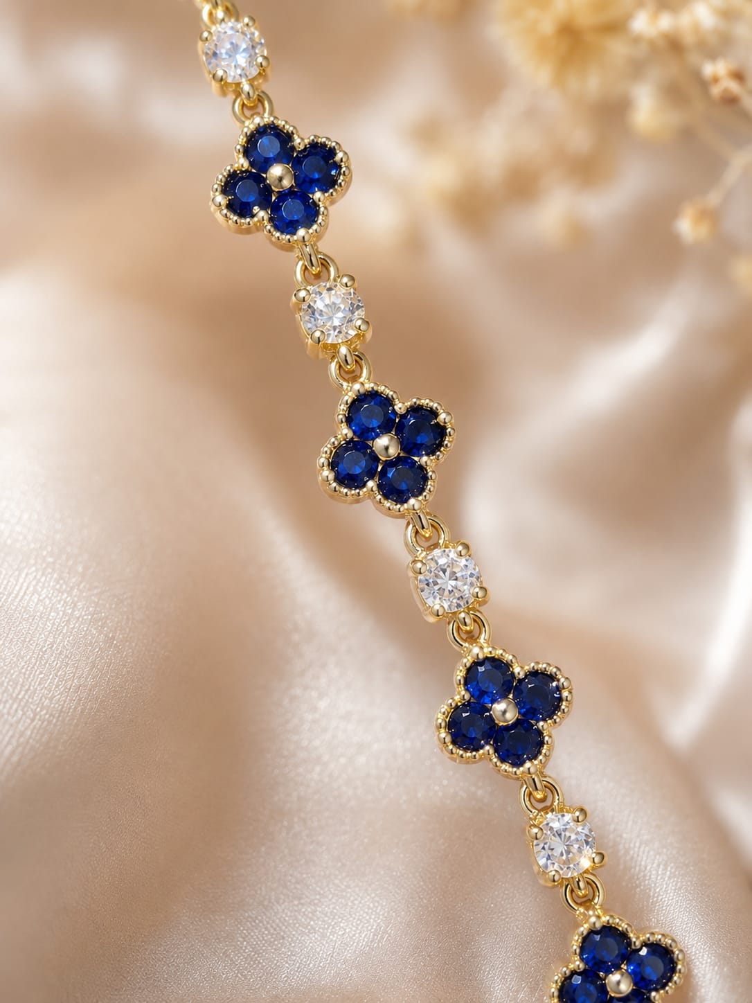Pulsera de Flores azul oscuro - Oro laminado 14K con cristales