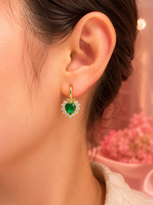 Aretes corazón verde esmeralda con cristales - Oro laminado 14K