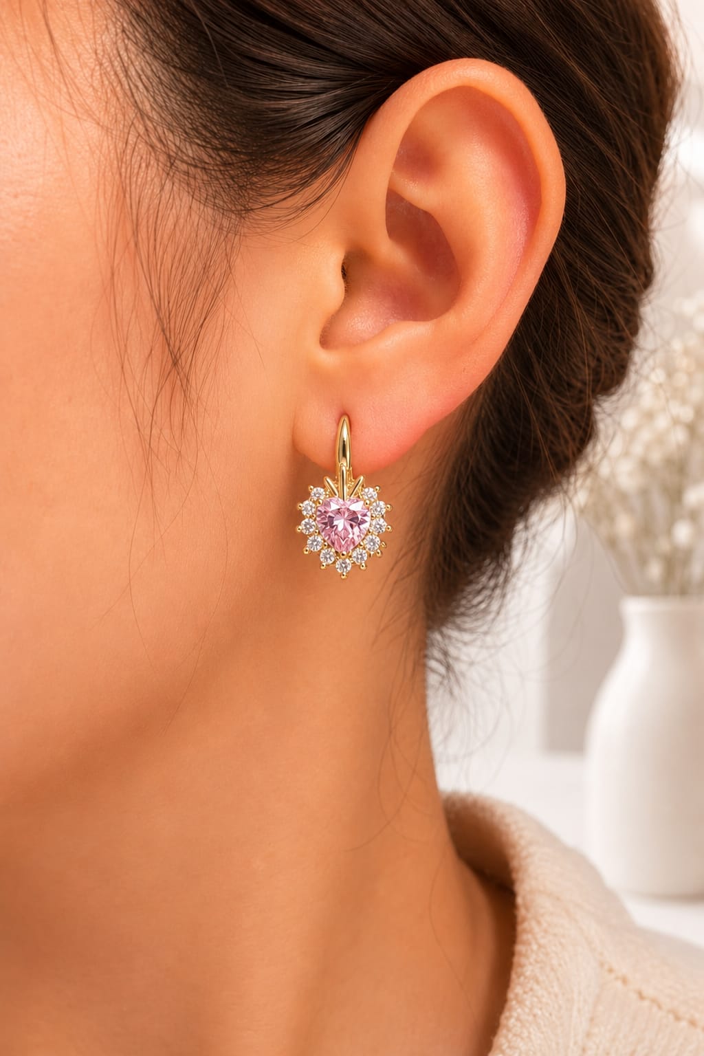 Aretes corazón rosa con cristales - Oro laminado 14K